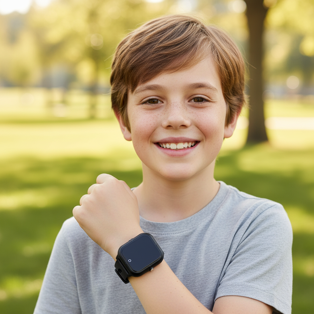 Older child wearing CT07S Junior black smartwatch